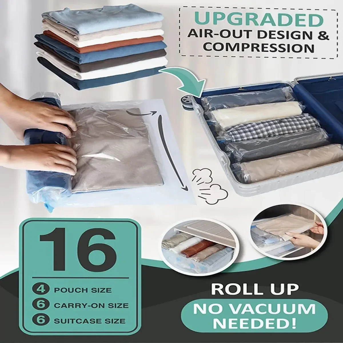 16 Travel Compression Bags, Roll Up Travel Space Saver Bags for Luggage, Cruise Ship Essentials (6L,6M,4S) 
16 Travel Compression Bags, Roll Up Travel Space Saver Bags for Luggage, Cruise Ship Essentials (6L,6M,4S)