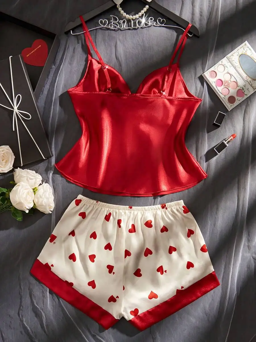 Womens Red Satin Camisole Top And Heart Print Shorts Pajama Set
Womens Red Satin Camisole Top And Heart Print Shorts Pajama Set