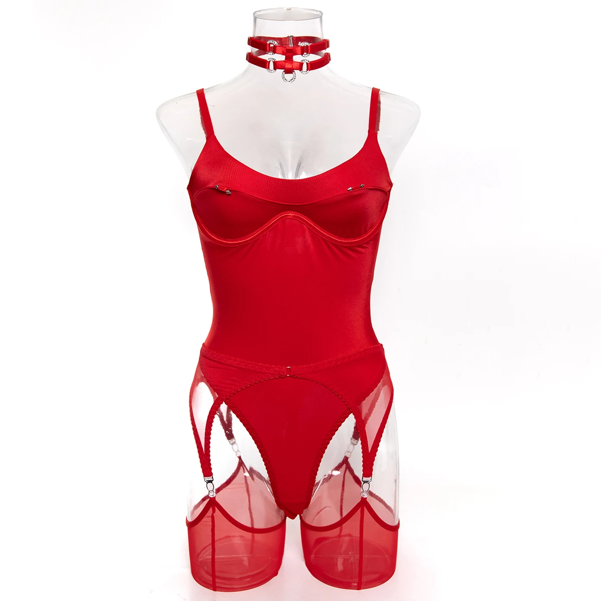 Conjunto de lencería gótica de 4 piezas para mujer: body de tirantes finos con aros, teddy de una pieza de malla transparente, liguero y medias Conjunto de lencería gótica de 4 piezas para mujer: body de tirantes finos con aros, teddy de una pieza de malla transparente, liguero y medias