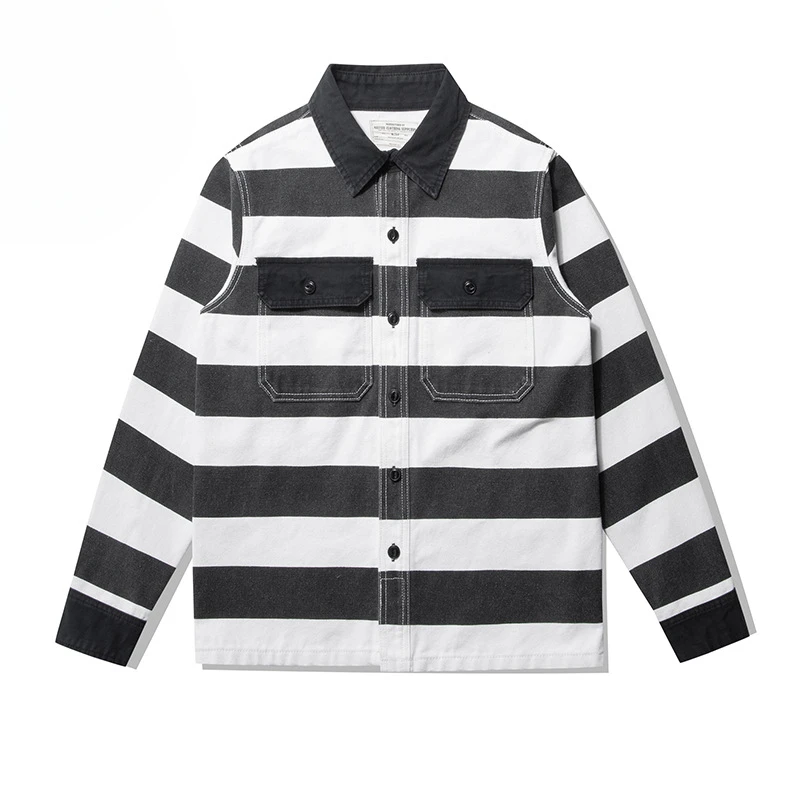 Men's 16OZ Canvas Jacket Vintage Black White Striped Motorcycle Shirt Cotton Thick Lapel Prisoner Jacket Male Casual Outerwear
Men's 16OZ Canvas Jacket Vintage Black White Striped Motorcycle Shirt Cotton Thick Lapel Prisoner Jacket Male Casual Outerwear