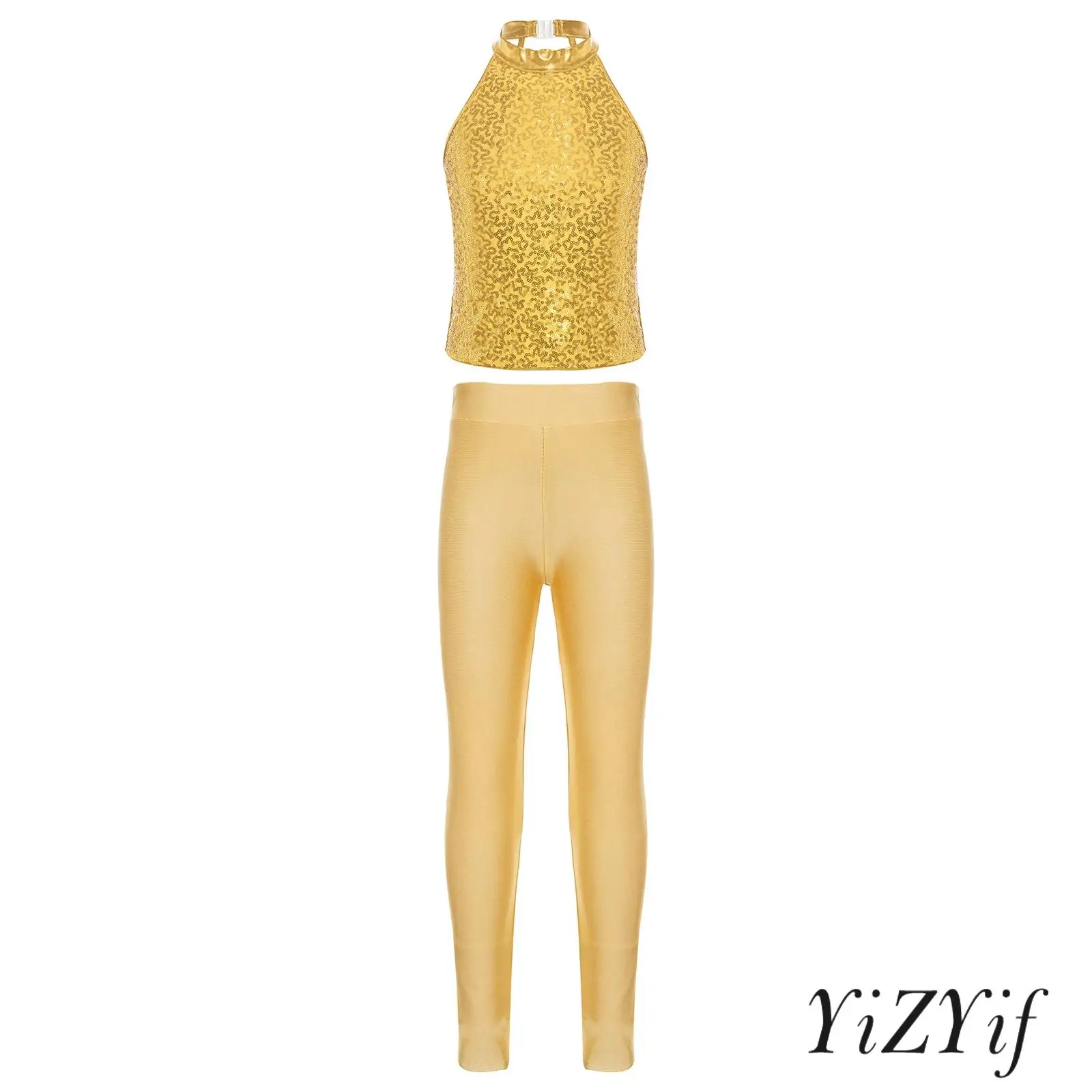 Jazz Dance Set Kids Girls Dancewear Sparkling Sequin Halter Crop Top Sleeveless with Solid Color Leggings Gymnastics Costume
Jazz Dance Set Kids Girls Dancewear Sparkling Sequin Halter Crop Top Sleeveless with Solid Color Leggings Gymnastics Costume
