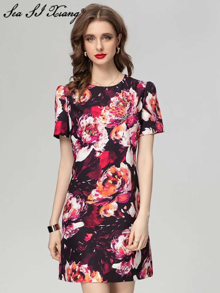 Seasixiang Fashion Designer Spring Dress Women O-Neck Short Sleeve Crystal Diamonds Floral Print Vintage Mini Dresses
Seasixiang Fashion Designer Spring Dress Women O-Neck Short Sleeve Crystal Diamonds Floral Print Vintage Mini Dresses