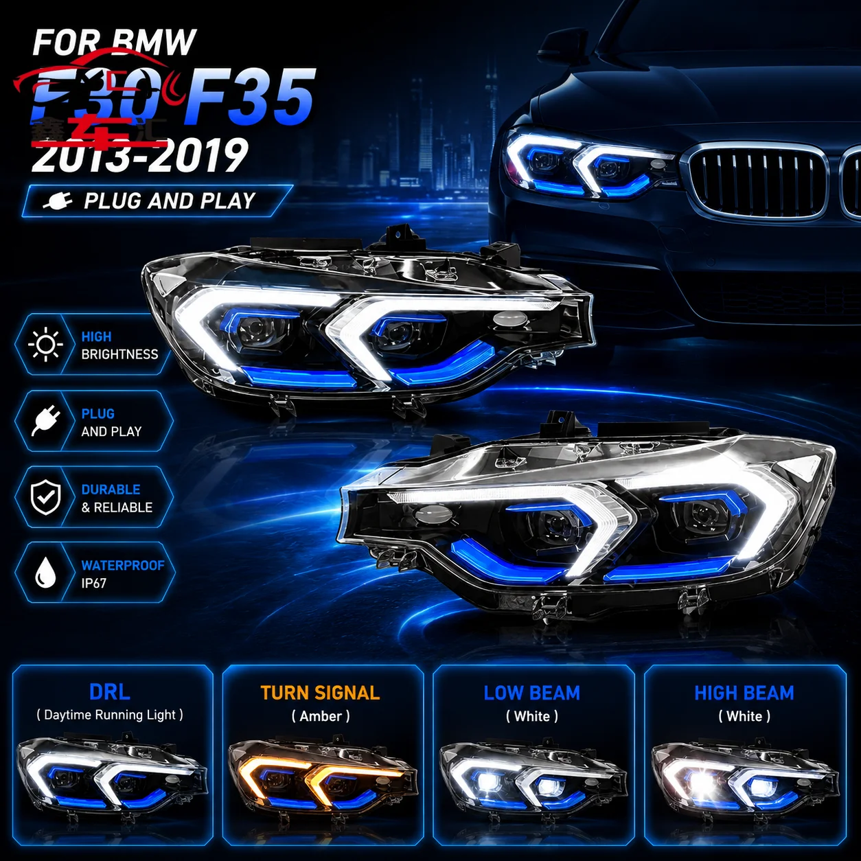 Car DRL LED Headlight Light Assemblies For BMW 3 Series F30 F35 2013-2019 Auto Fog DRL Brake Turn Signal Lamp Plug and Pla
Car DRL LED Headlight Light Assemblies For BMW 3 Series F30 F35 2013-2019 Auto Fog DRL Brake Turn Signal Lamp Plug and Pla