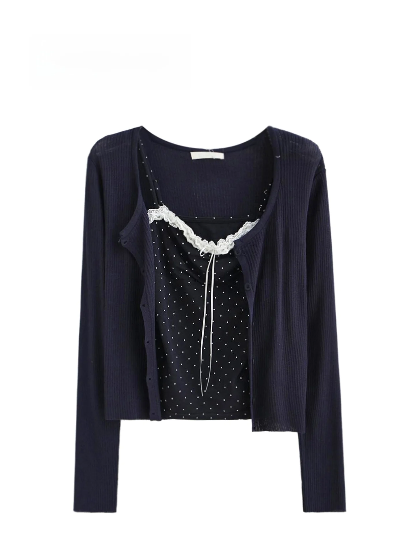 Spring New Arrival Short Polka Dot Lace Trim Halter Neck Knitted Long Sleeve Open Cardigan Two Piece Set Women's Commute Style
Spring New Arrival Short Polka Dot Lace Trim Halter Neck Knitted Long Sleeve Open Cardigan Two Piece Set Women's Commute Style