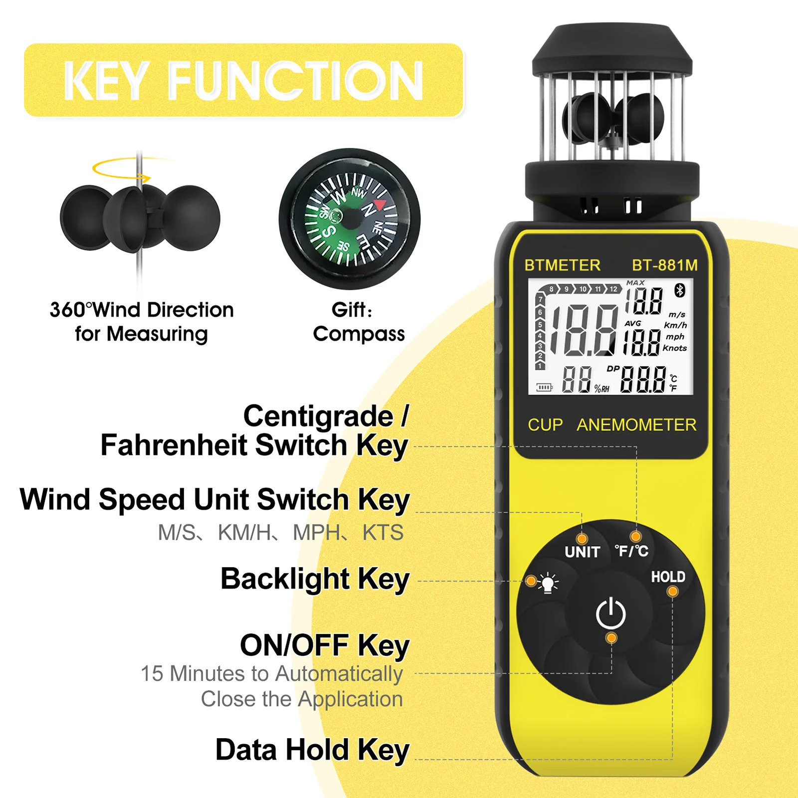 BT-881M Cup Anemometer 360° Wind Direction LCD Backlight Max/Avg 0.7-42M/S for Outside
BT-881M Cup Anemometer 360° Wind Direction LCD Backlight Max/Avg 0.7-42M/S for Outside