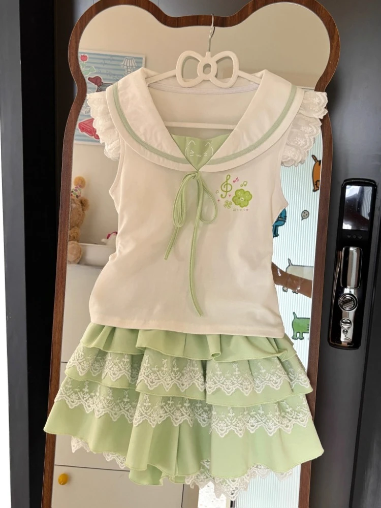 Y2k Sweet Sailor Collar Lace Flying Sleeve Top for Women+ Summer High Waist Ruched Cake Skirts 2025 New Two Piece Sets 
Y2k Sweet Sailor Collar Lace Flying Sleeve Top for Women+ Summer High Waist Ruched Cake Skirts 2025 New Two Piece Sets