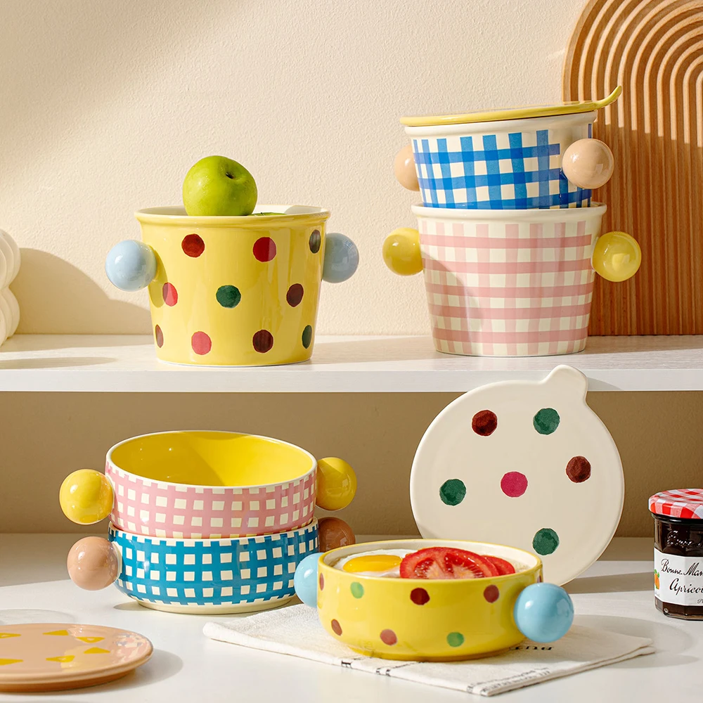 Colorful Polka Dot Striped Ceramic with Lid Bowl Double Handles Creative Ramen Noodle Bowls Microwave Safe Home Kitchen Bowl
Colorful Polka Dot Striped Ceramic with Lid Bowl Double Handles Creative Ramen Noodle Bowls Microwave Safe Home Kitchen Bowl