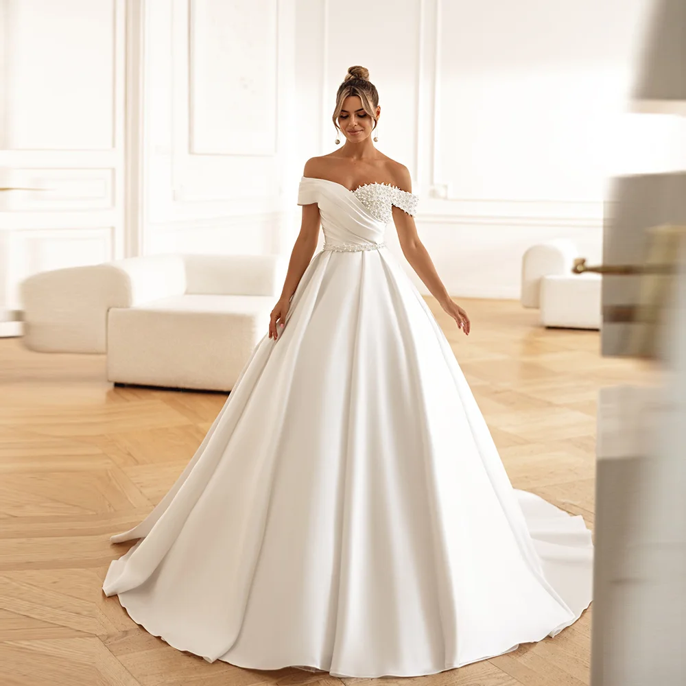 Classic Off the Shoulder Satin Pleated A-line Wedding Dress Beaded Pearls Backless Lace Court Wedding Gown with Court Customized
Classic Off the Shoulder Satin Pleated A-line Wedding Dress Beaded Pearls Backless Lace Court Wedding Gown with Court Customized