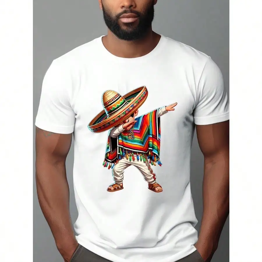 Men's Cotton Printed T Shirt with Mexican Boy Dabbing in Poncho for Cinco de Mayo
Men's Cotton Printed T Shirt with Mexican Boy Dabbing in Poncho for Cinco de Mayo