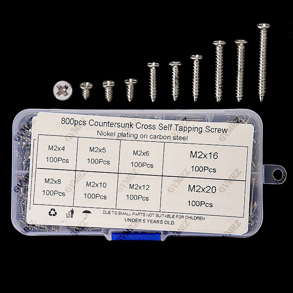 800PCS 8 Sizes M2 Countersunk Phillips Self‑Tapping Screws Assortment Kit Nickel‑Plated Carbon Steel M2
800PCS 8 Sizes M2 Countersunk Phillips Self‑Tapping Screws Assortment Kit Nickel‑Plated Carbon Steel M2