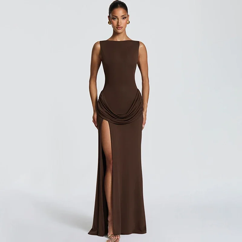 Elegant Sleeveless High Slit Maxi Dress Women's Streetwear Ruched Banquet Party Dress High Waist Slim Lady Sexy Dress
Elegant Sleeveless High Slit Maxi Dress Women's Streetwear Ruched Banquet Party Dress High Waist Slim Lady Sexy Dress