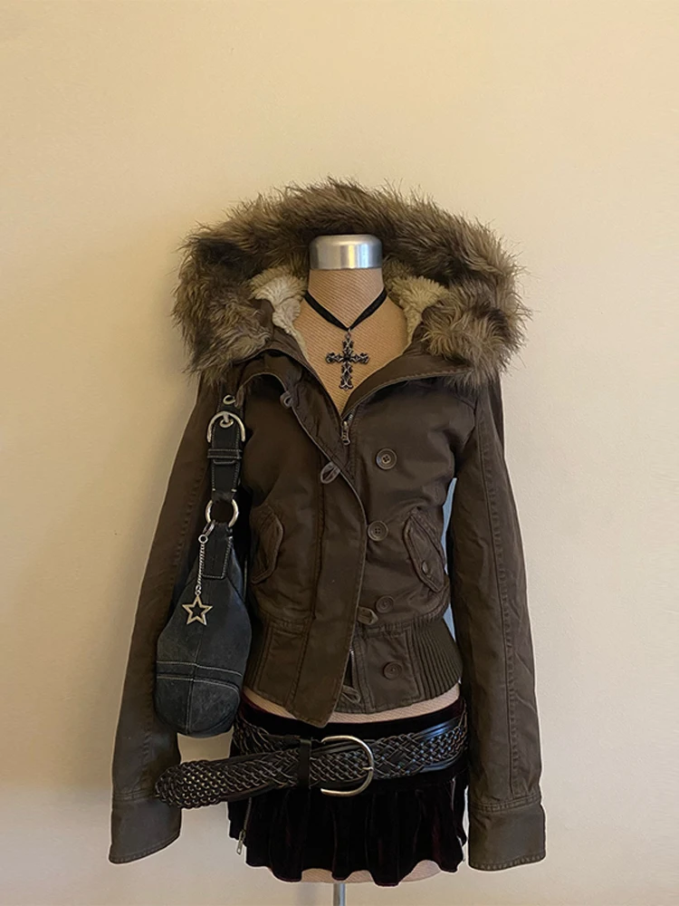 Autumn Winter Vintage Brown Short Hooded Jackets Women's Full Sleeve Slim Detachable Fur Collar Warm 2025 NEW Female Y2k Outwear
Autumn Winter Vintage Brown Short Hooded Jackets Women's Full Sleeve Slim Detachable Fur Collar Warm 2025 NEW Female Y2k Outwear