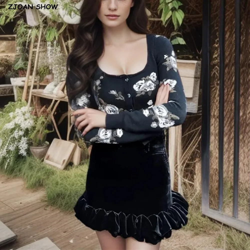 2024 Sexy Black With White Flower Knitted Crop Cardigan Women O neck Single-breasted Buttons Sweater Full sleeve Short Jumper
2024 Sexy Black With White Flower Knitted Crop Cardigan Women O neck Single-breasted Buttons Sweater Full sleeve Short Jumper