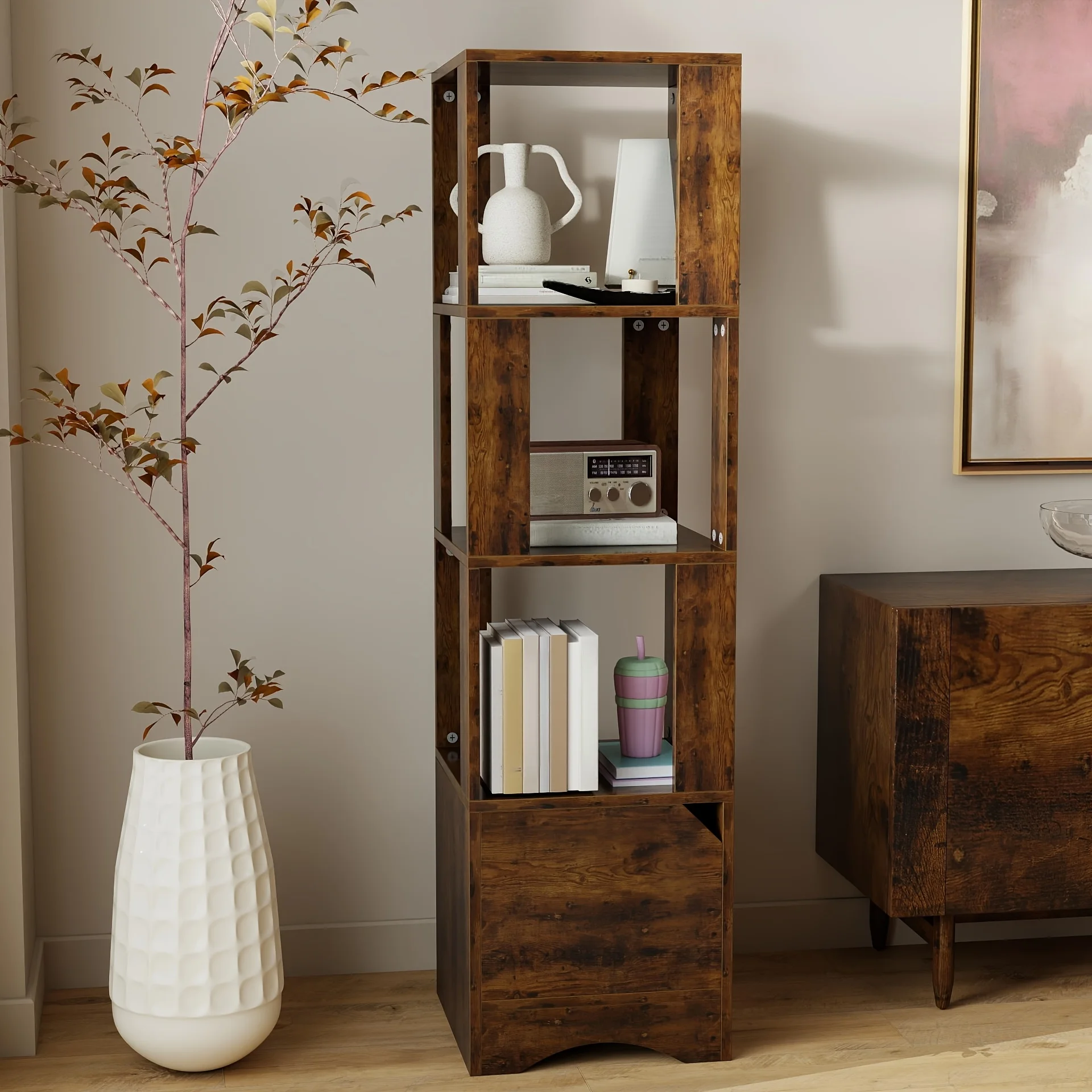 4-Cube Corner Bookcase Featuring a Door, Adaptable Corner Shelf, Wooden Storage Solution for Office, Study, Bedroom, And Kitchen. Multifunctional Organizer with Lower Cabinet Area
4-Cube Corner Bookcase Featuring a Door, Adaptable Corner Shelf, Wooden Storage Solution for Office, Study, Bedroom, And Kitchen. Multifunctional Organizer with Lower Cabinet Area