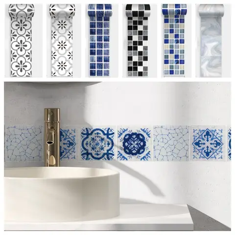 2m Blue Retro Pattern Wall Trim Line Skirting Border Self Adhesive Waterproof Baseboard Wallpaper Wall Sticker Room Home Decor