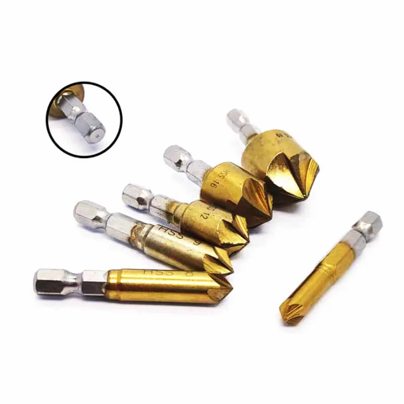3/6Pcs 6-19mm HSS 1/4'' Hex Shank Countersink Drill Bit Set 5 Flute Countersink 90 Degree Wood Chauffeuring Cutter Chamfer
3/6Pcs 6-19mm HSS 1/4'' Hex Shank Countersink Drill Bit Set 5 Flute Countersink 90 Degree Wood Chauffeuring Cutter Chamfer