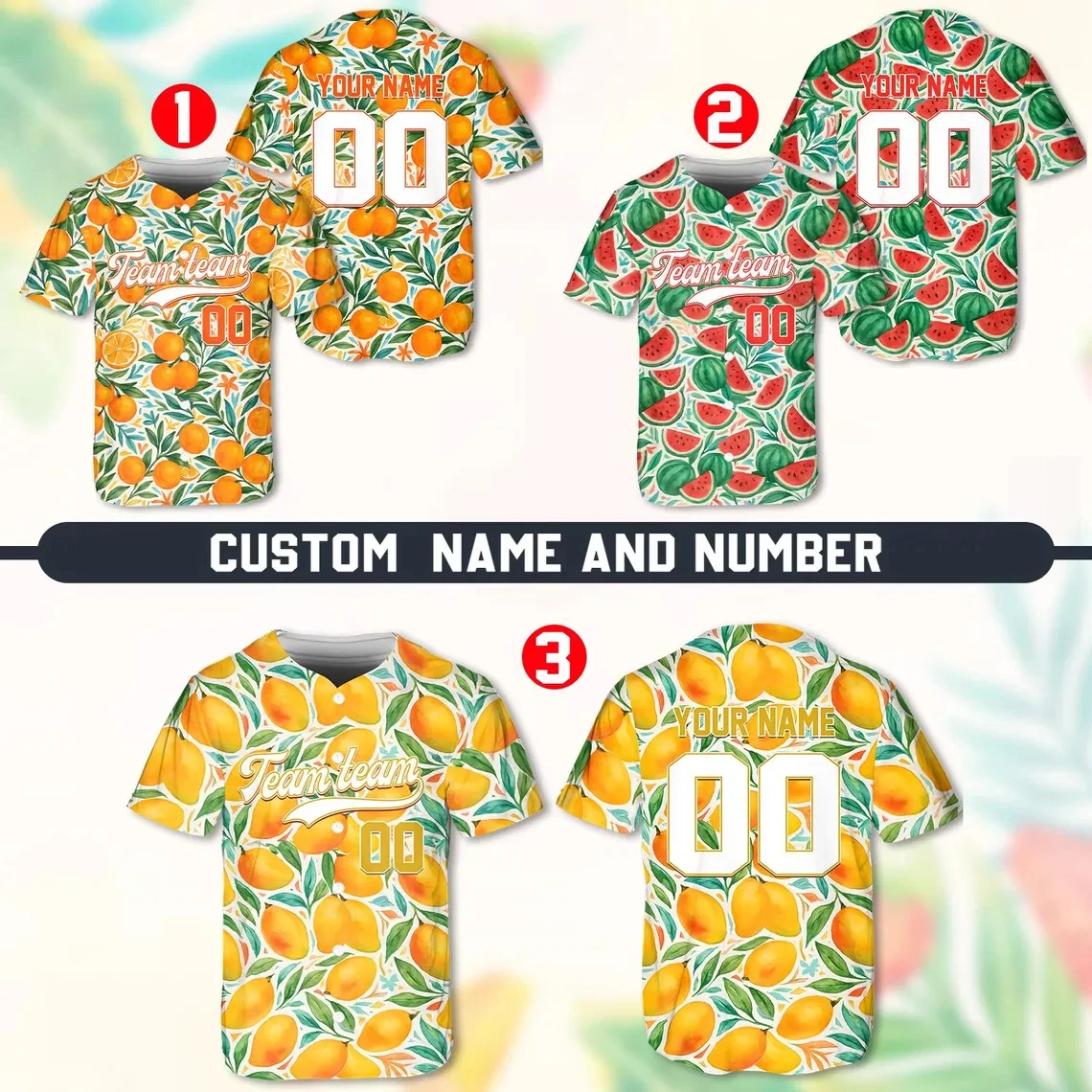 Custom Orange Watercolor Fruit Print Baseball Jersey Personalized Name Number Button Down Uniform Polyester Unisex Sports Tees
Custom Orange Watercolor Fruit Print Baseball Jersey Personalized Name Number Button Down Uniform Polyester Unisex Sports Tees