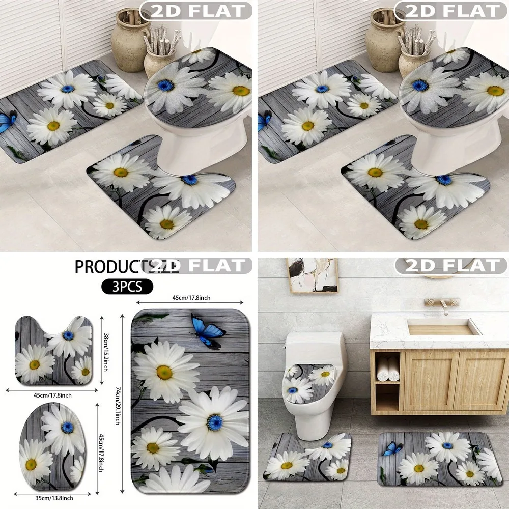 2D Flat 3pcs Bathroom Rug Set Daisy Flower Butterfly Wood Pattern Non-Slip Washable Floor Mat Decor for Bathroom Kitchen
2D Flat 3pcs Bathroom Rug Set Daisy Flower Butterfly Wood Pattern Non-Slip Washable Floor Mat Decor for Bathroom Kitchen
