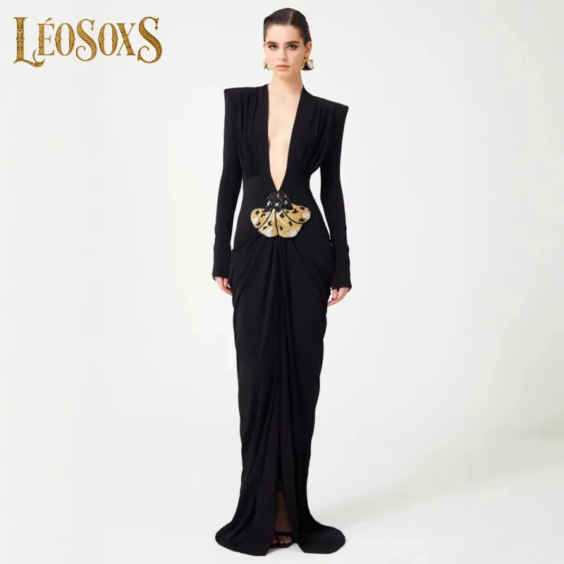 LEOSOXS Women's Black Deep V Long Sleeve Evening Dress Gold Waist Embellish Floor Length Ruched Gown Elegant For Gala Red Carpet
LEOSOXS Women's Black Deep V Long Sleeve Evening Dress Gold Waist Embellish Floor Length Ruched Gown Elegant For Gala Red Carpet