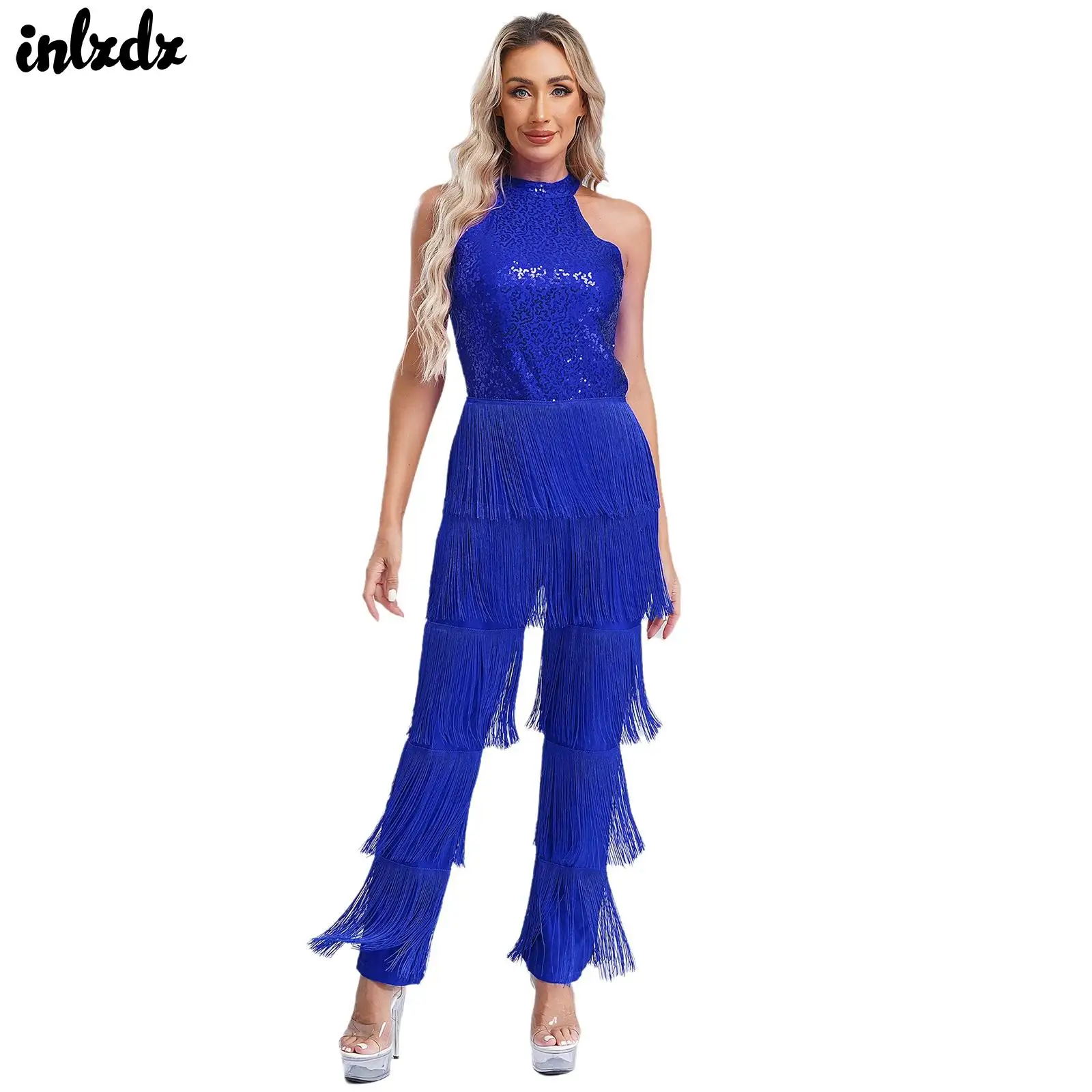 Womens Cha-cha Latin Ballroom Dance Performance Costume Sequins Tiered Tassel Rompers Halter Backless Unitards Jumpsuit Bodysuit
Womens Cha-cha Latin Ballroom Dance Performance Costume Sequins Tiered Tassel Rompers Halter Backless Unitards Jumpsuit Bodysuit
