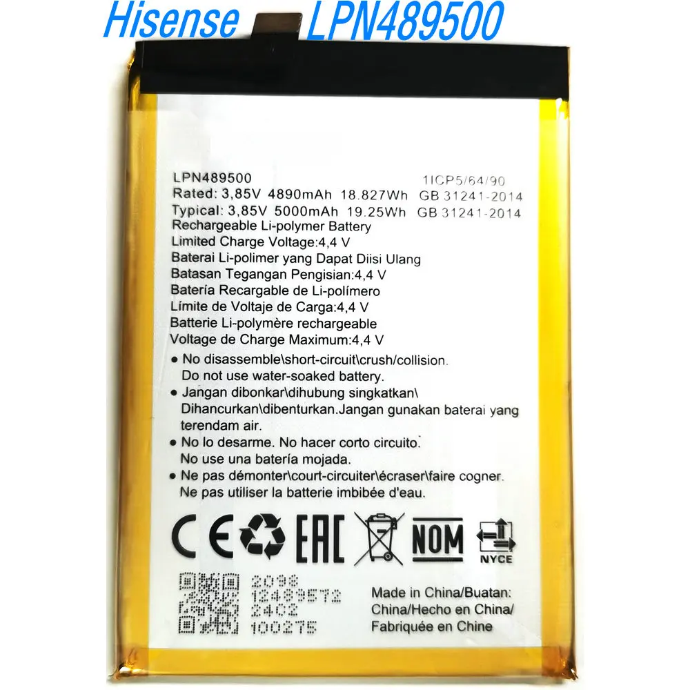 3.85V 19.25Wh LPN489500 Original Replacement Li-ion Polymer Battery For Hisense V40i Mobile Phone 1ICP5/64/90
3.85V 19.25Wh LPN489500 Original Replacement Li-ion Polymer Battery For Hisense V40i Mobile Phone 1ICP5/64/90