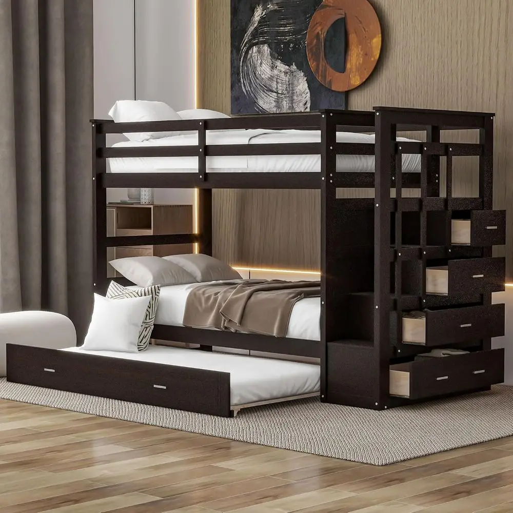 Twin Over Twin Wooden Bunk Bed with Storage Stairs and Trundle
Twin Over Twin Wooden Bunk Bed with Storage Stairs and Trundle