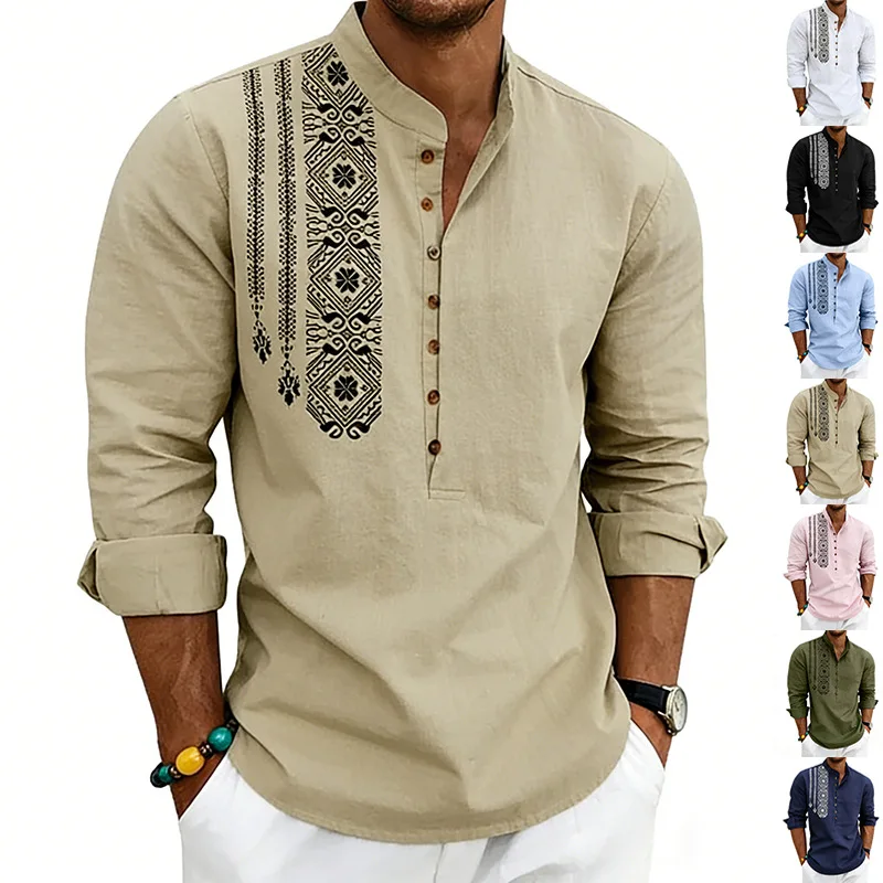 Spring and summer long-sleeved loose ethnic style linen printing breathable stand-up collar breasted long-sleeved shirt men
Spring and summer long-sleeved loose ethnic style linen printing breathable stand-up collar breasted long-sleeved shirt men