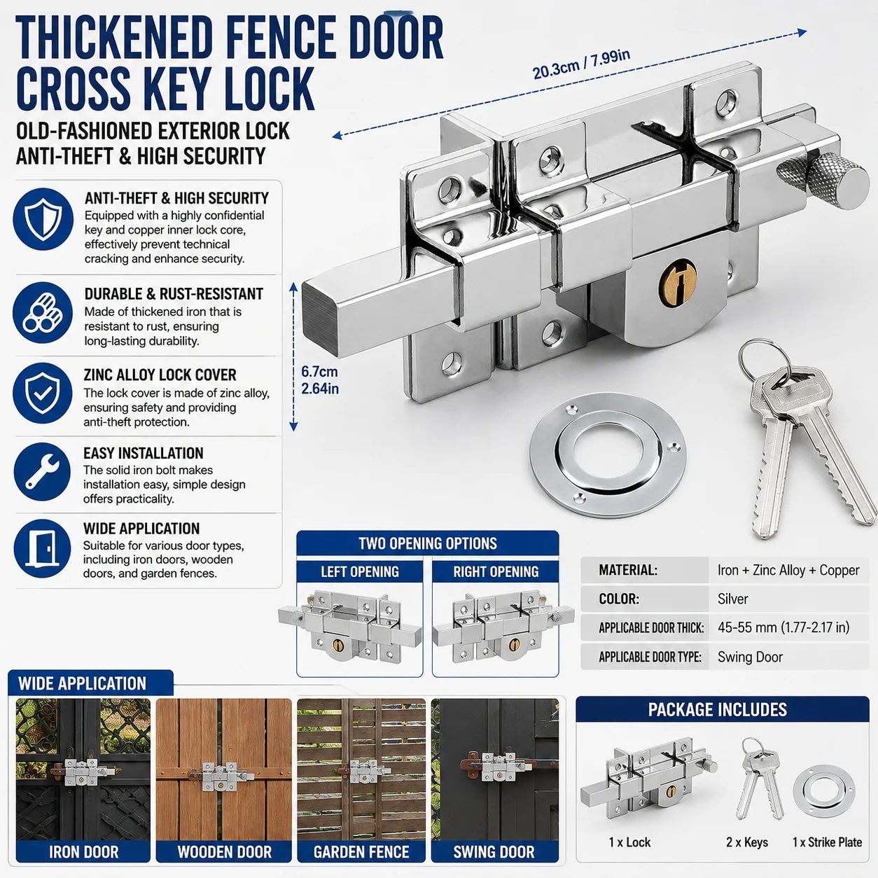 Thickened Fence Door Cross Key Lock Heavy Duty Anti-Theft Mechanical Latch Lock for Wooden Iron Garden Swing Doors with Keys
Thickened Fence Door Cross Key Lock Heavy Duty Anti-Theft Mechanical Latch Lock for Wooden Iron Garden Swing Doors with Keys