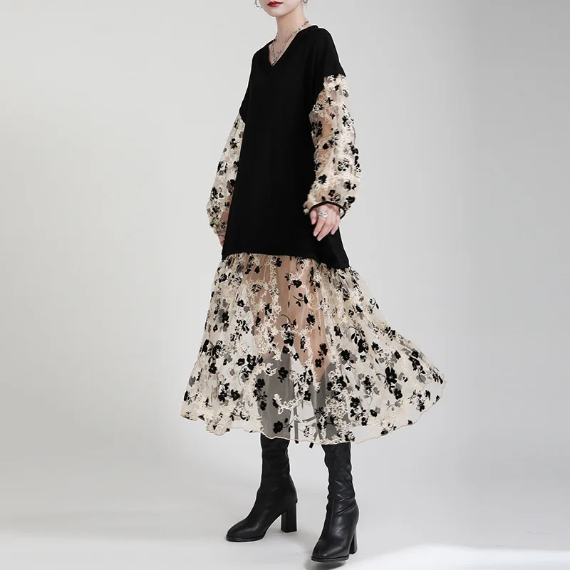 Black Tulle Patchwork Flower Print Dress Women Spring V-Neck Long Sleeves Loose Dresses French Style Elegant Simple Gown
Black Tulle Patchwork Flower Print Dress Women Spring V-Neck Long Sleeves Loose Dresses French Style Elegant Simple Gown