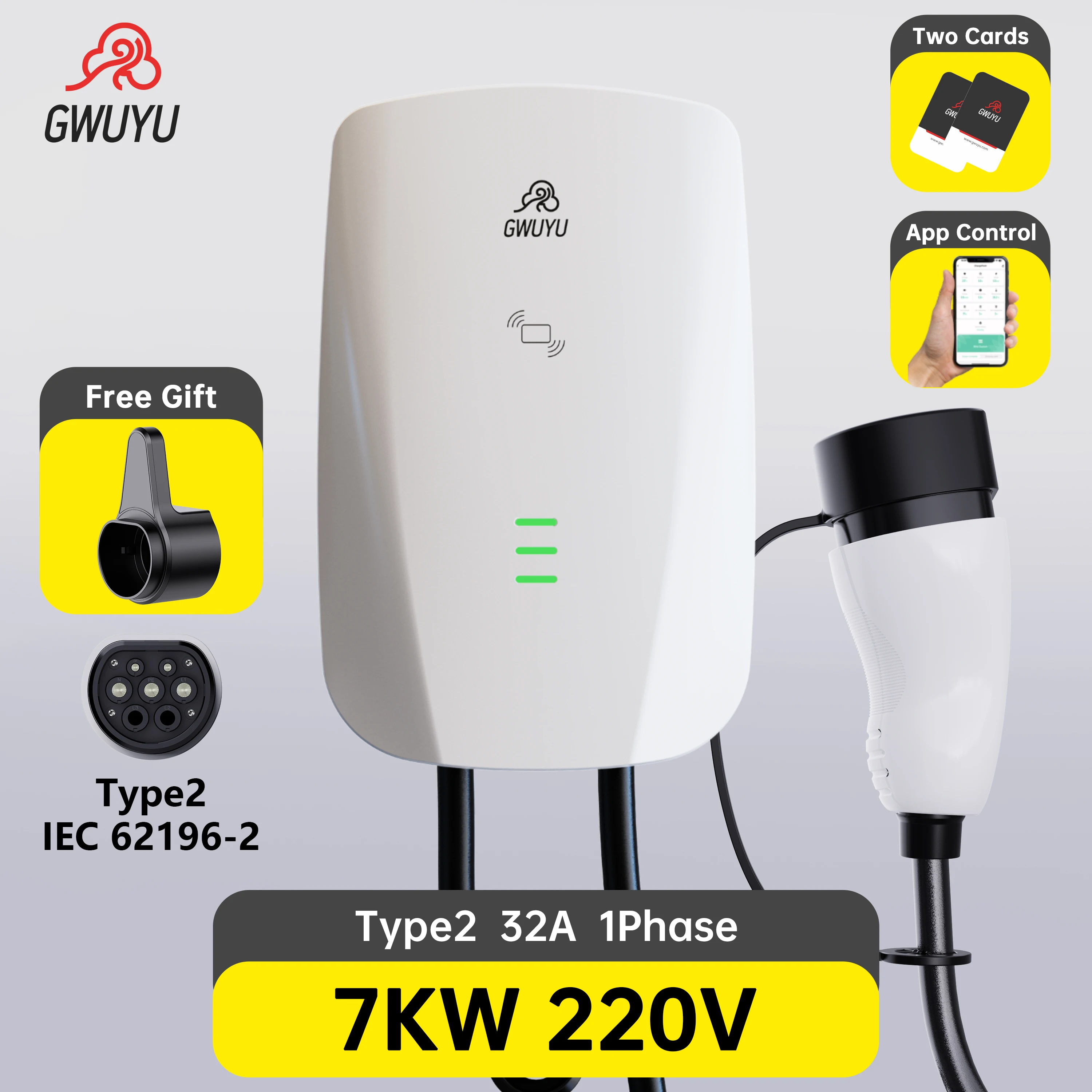 GWUYU Car Charger 32A7KW1Phase 16A11KW3Phase Electric Vehicle Charger EVSE Wallbox Type2 IEC62196-2 5m Cable Socket APP Control
GWUYU Car Charger 32A7KW1Phase 16A11KW3Phase Electric Vehicle Charger EVSE Wallbox Type2 IEC62196-2 5m Cable Socket APP Control