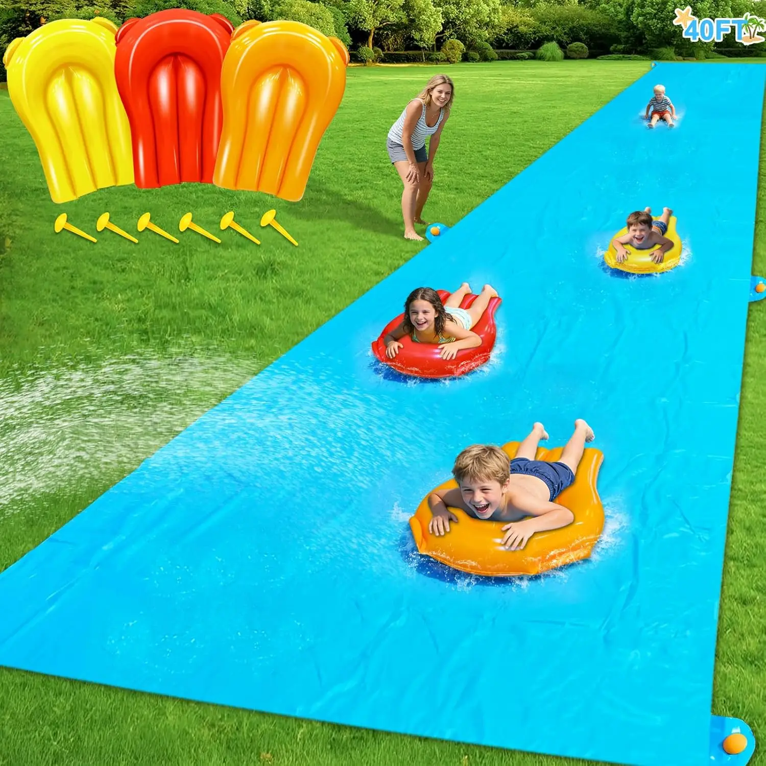 40 * 7Ft Extra Long n Width Slip Water Slide, Heavy Duty Lawn Water Slides and 3 Bodyboards 6 Stakes, Summer Outdoor Water Toys
40 * 7Ft Extra Long n Width Slip Water Slide, Heavy Duty Lawn Water Slides and 3 Bodyboards 6 Stakes, Summer Outdoor Water Toys