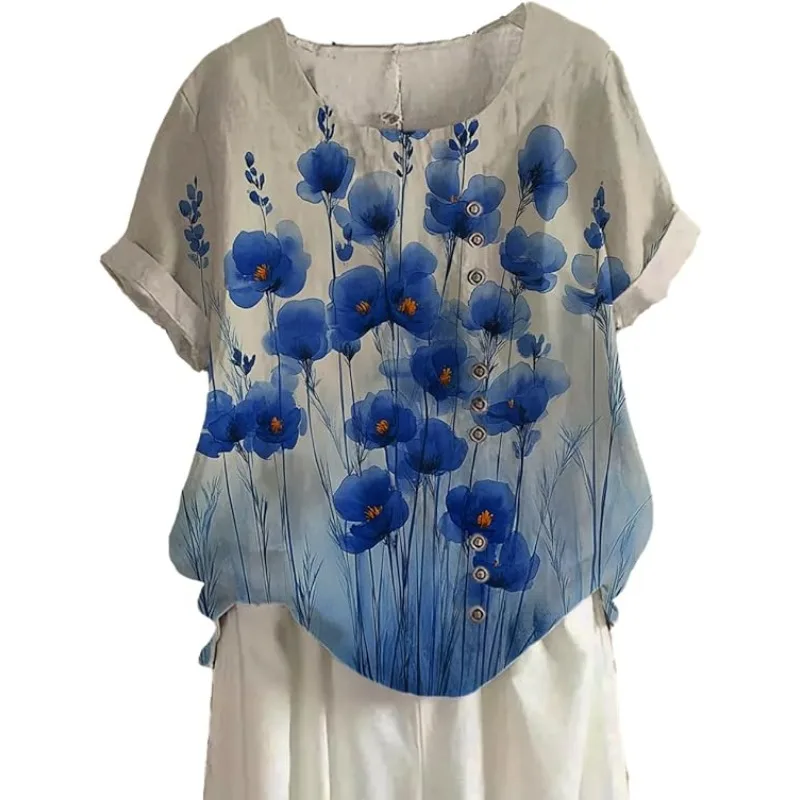 Women's Premium Women's Blue Flower Print Cotton and Linen Top Casual Loose Summer Seaside Short Sleeve Tunic Shirt
Women's Premium Women's Blue Flower Print Cotton and Linen Top Casual Loose Summer Seaside Short Sleeve Tunic Shirt