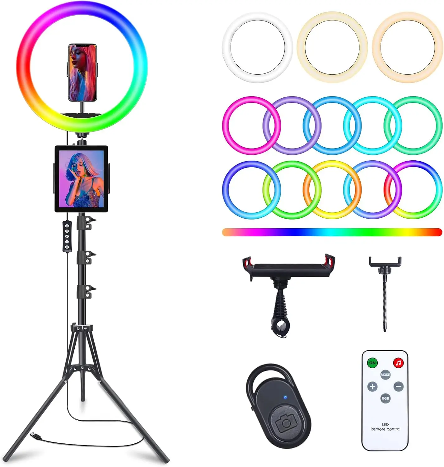 10" Selfie Ring Light with 73" Tripod Stand & 1 Phone Holder, LED Camera Ringlight with 48 RGB Colors Modes & Musical Rh
10" Selfie Ring Light with 73" Tripod Stand & 1 Phone Holder, LED Camera Ringlight with 48 RGB Colors Modes & Musical Rh