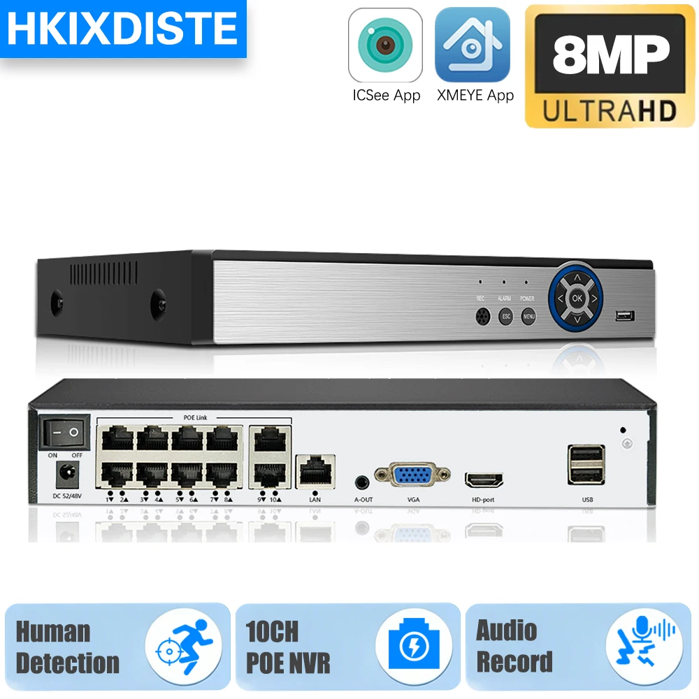 4K 8MP POE NVR 10CH 8CH Network Video Recorder 8.0MP 5.0MP Security IP Camera System Human Detection Remote Access Xmeye App