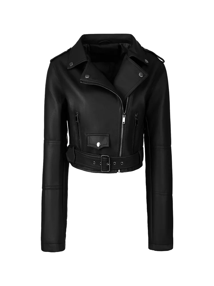 Fashionable motorcycle style women's PU leather jacket with lapel zipper belt, slim fit long sleeved jacket, short top jacket
Fashionable motorcycle style women's PU leather jacket with lapel zipper belt, slim fit long sleeved jacket, short top jacket