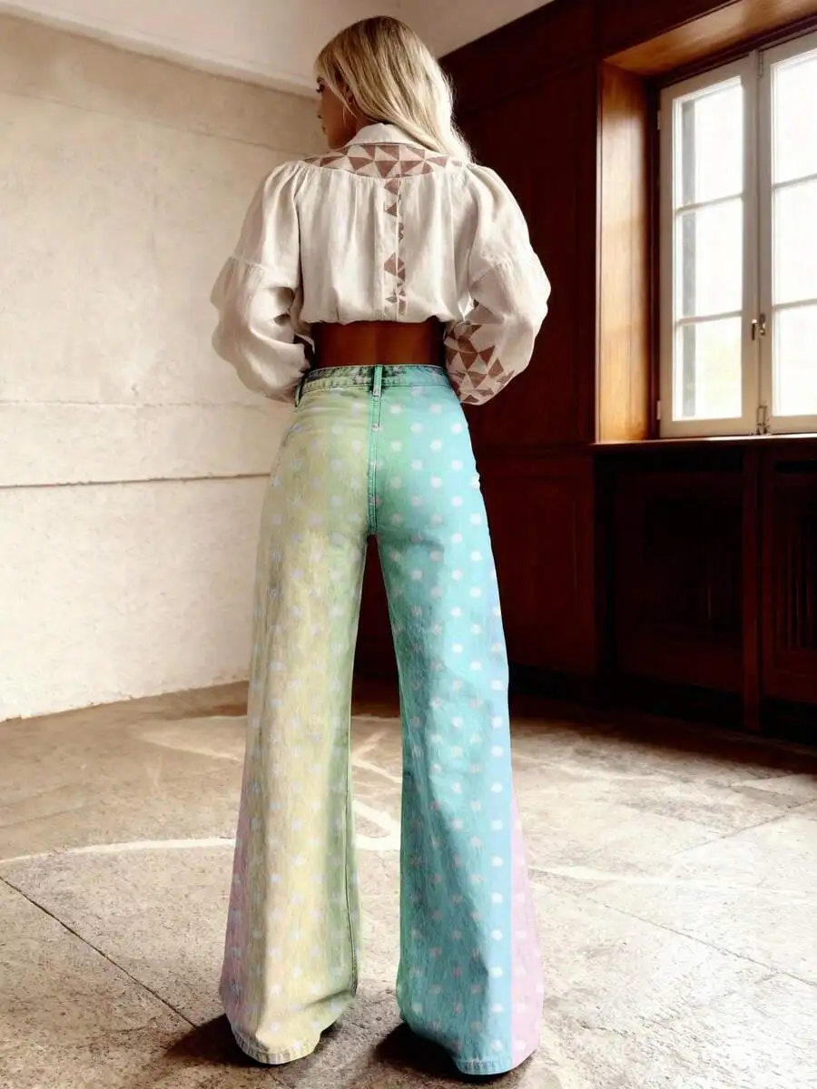 Women Wide Leg Denim Pants With Pastel Rainbow Polka Dot Print Button Fly Casual Trousers
Women Wide Leg Denim Pants With Pastel Rainbow Polka Dot Print Button Fly Casual Trousers
