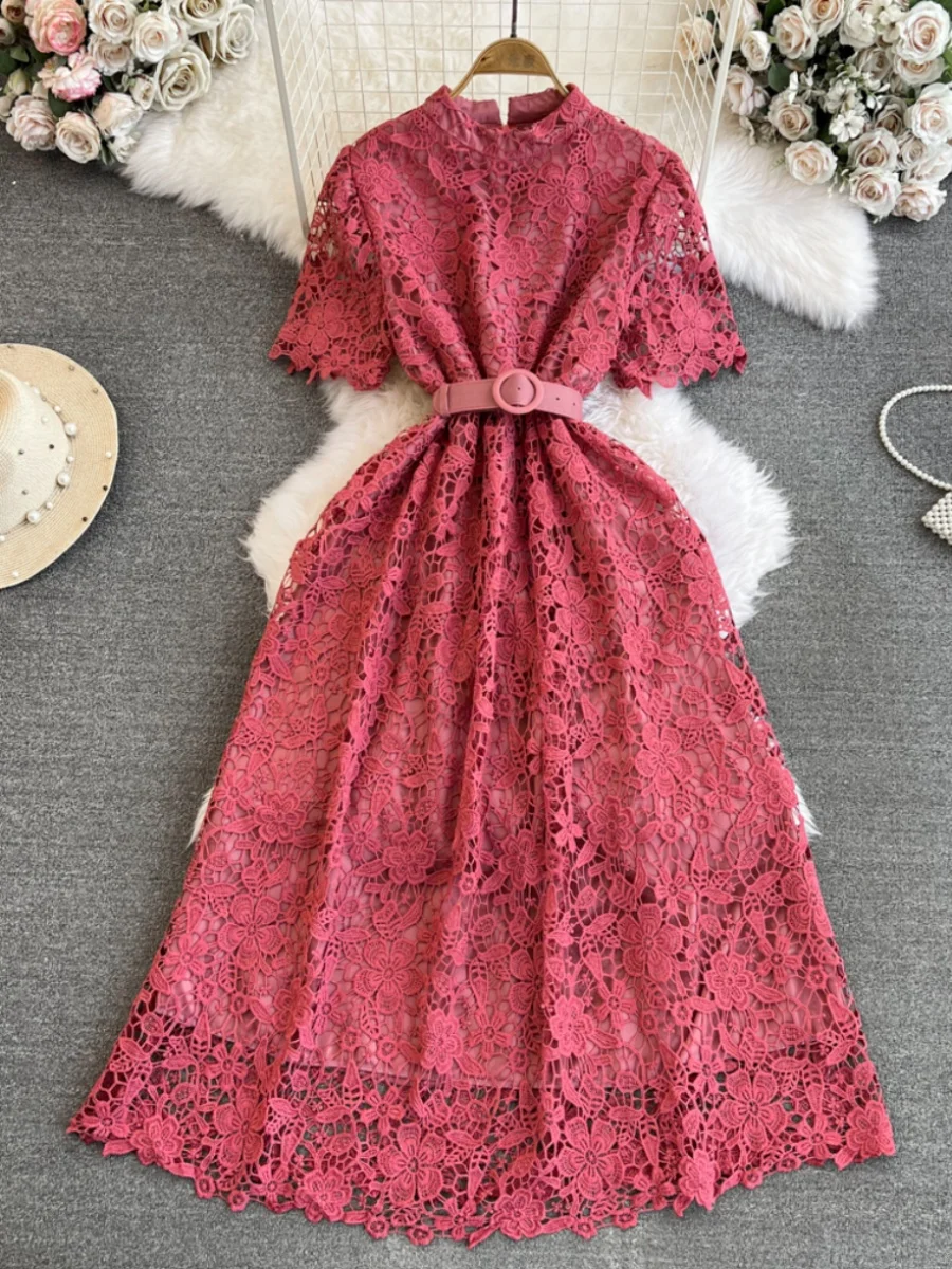 Ele ort Sve A-Line Lace Dr Slimming Waist Design Luxury Sensation Casual Chic Sle Stand Collar Hollow out Detail 
Ele ort Sve A-Line Lace Dr Slimming Waist Design Luxury Sensation Casual Chic Sle Stand Collar Hollow out Detail