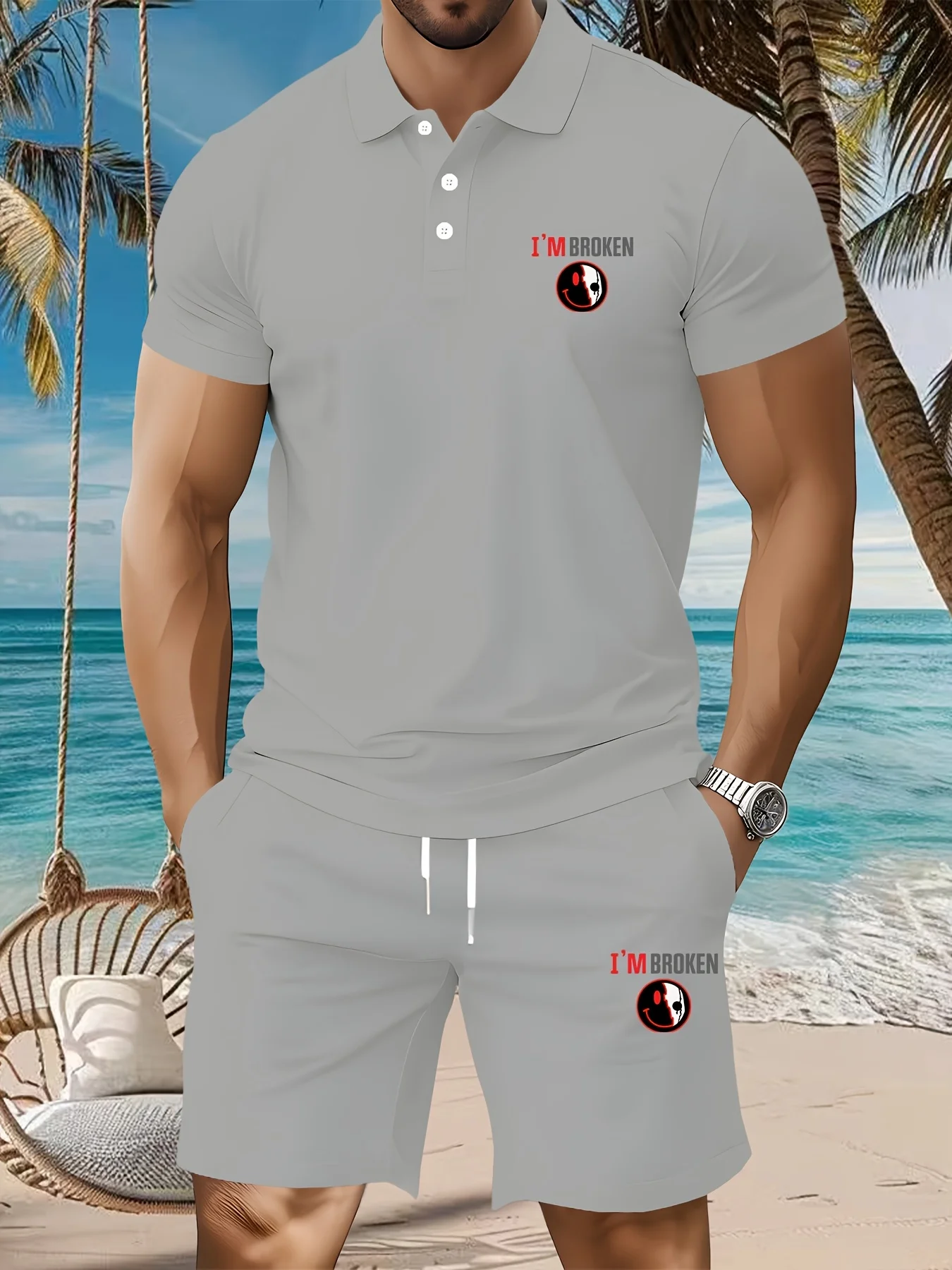 Men's Gray I'm Broken Skull Smiling Printed Polo Shirt and Shorts Two-piece Casual Sportswear Quick Drying Summer Set
Men's Gray I'm Broken Skull Smiling Printed Polo Shirt and Shorts Two-piece Casual Sportswear Quick Drying Summer Set