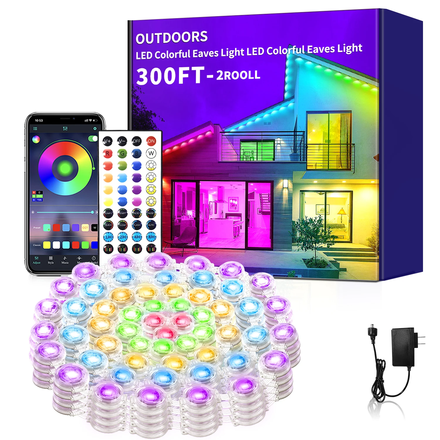 Постоянный наружный светильник 300 футов, фонари RGB с управлением через приложение, водонепроницаемое освещение под карнизом DIY IP67, внешний светодиодный светильник
Постоянный наружный светильник 300 футов, фонари RGB с управлением через приложение, водонепроницаемое освещение под карнизом DIY IP67, внешний светодиодный светильник