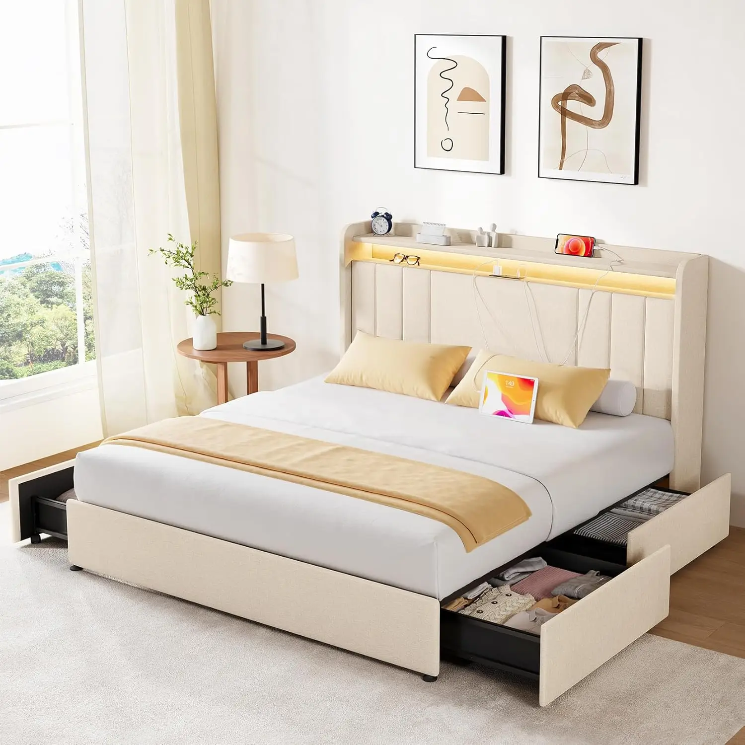 Queen Bed Frame with Storage, Tall Headboard Upholstered Platform Bed with 4 Dustproof Drawers, 2-Tier Storage Headboar
Queen Bed Frame with Storage, Tall Headboard Upholstered Platform Bed with 4 Dustproof Drawers, 2-Tier Storage Headboar