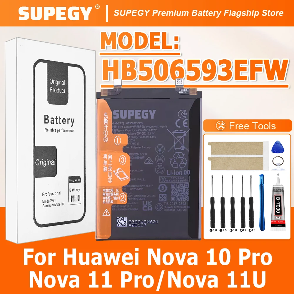 100% New HB506593EFW Battery For Huawei nova 10 Pro/nova 11 Pro/nova 11U Phone batteries batteria+Free Tools
100% New HB506593EFW Battery For Huawei nova 10 Pro/nova 11 Pro/nova 11U Phone batteries batteria+Free Tools