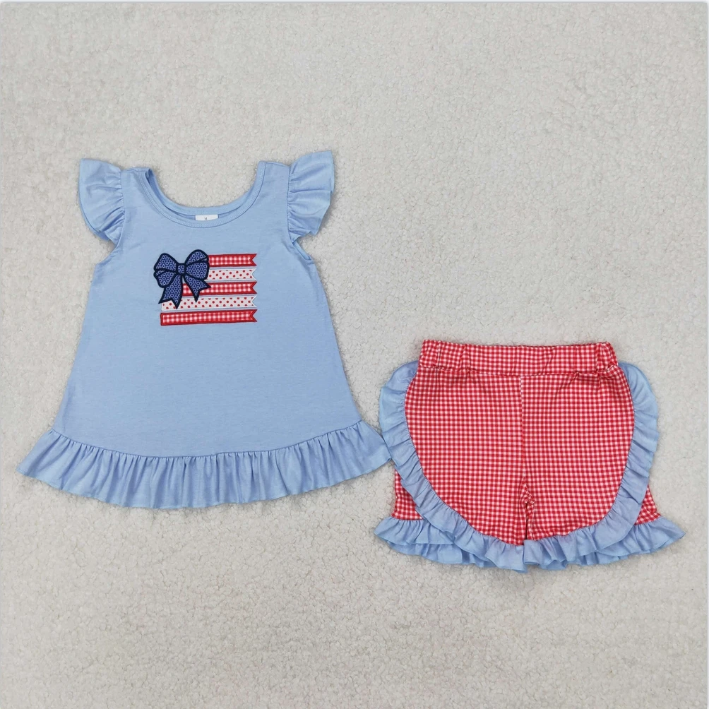 Wholesale Boutique Toddler Girl Clothes Gray Flutter Sleeves Embroidery Bow Tunic Red Plaid Ruffle Shorts 4th Of July Set
Wholesale Boutique Toddler Girl Clothes Gray Flutter Sleeves Embroidery Bow Tunic Red Plaid Ruffle Shorts 4th Of July Set