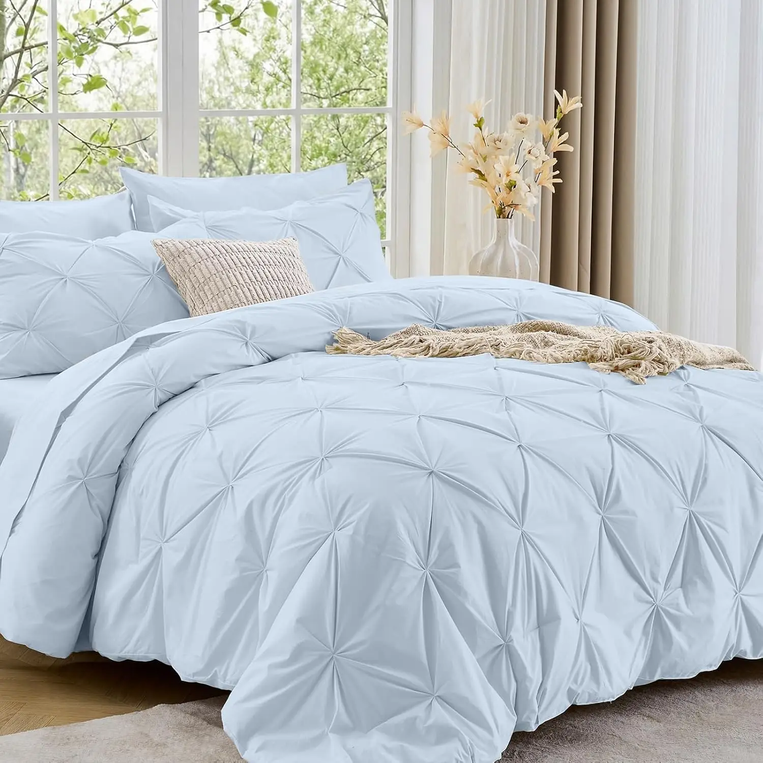 Queen Comforter Set 7-Piece Bed in a Bag Pintuck Bedding with Sheets for All Season Light Blue
Queen Comforter Set 7-Piece Bed in a Bag Pintuck Bedding with Sheets for All Season Light Blue