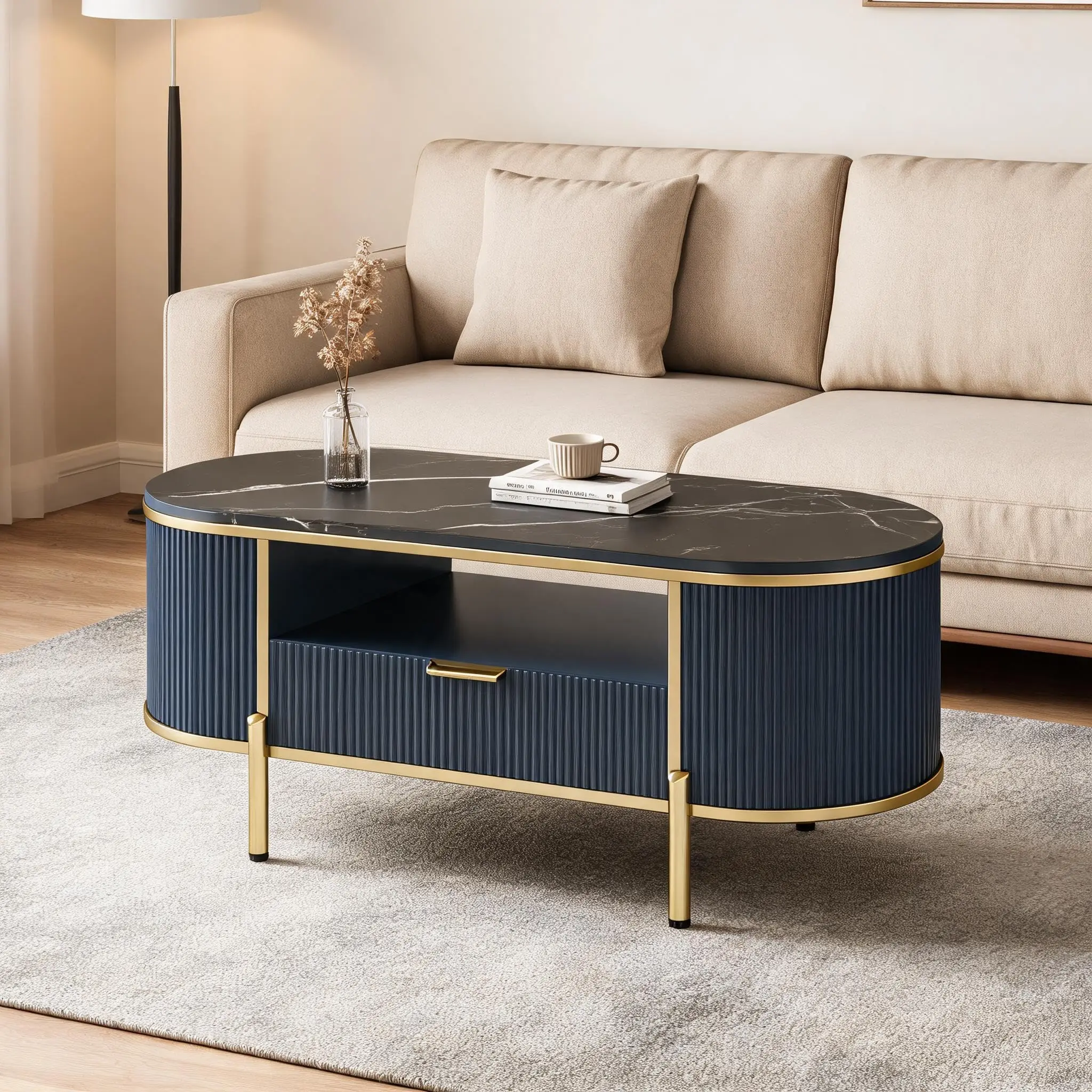 Oval Mid-Century Modern Coffee Table With Fluted Design, Faux Marble Top, Storage Drawer And Open Shelf, Blue Finish
Oval Mid-Century Modern Coffee Table With Fluted Design, Faux Marble Top, Storage Drawer And Open Shelf, Blue Finish