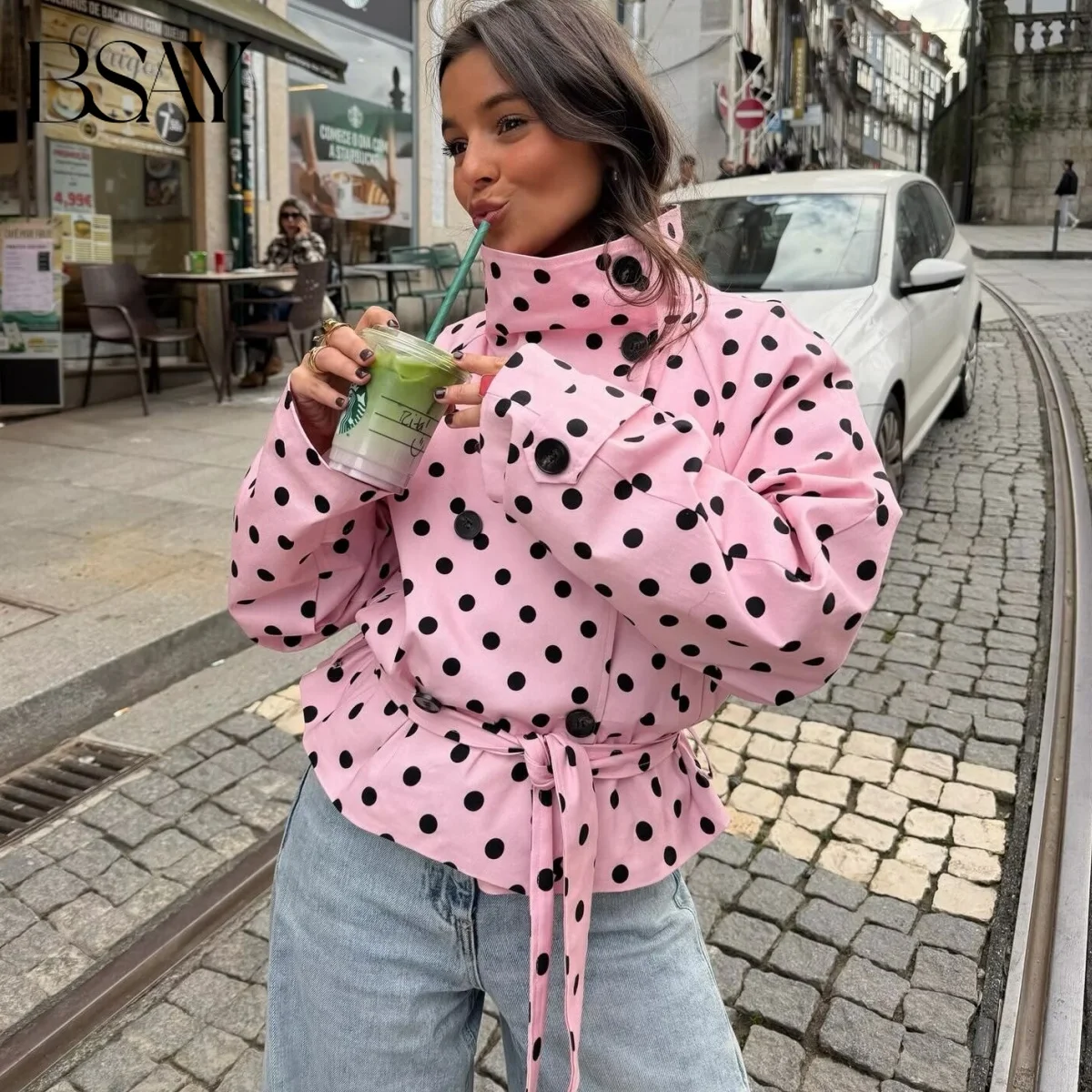 BSAY Women's Polka Dot Short Trench Coat Chic Female Stand Collar Double Breasted Belted Waist Long Sleeve Leisure Outerwear
BSAY Women's Polka Dot Short Trench Coat Chic Female Stand Collar Double Breasted Belted Waist Long Sleeve Leisure Outerwear