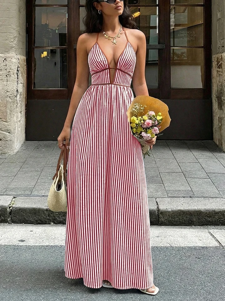Elegant Hollow Out Beach Dresses Casual V-neck Sleeveless Halter Stripe Printed Dress Summer Sexy Backless Pleated Women's Dress
Elegant Hollow Out Beach Dresses Casual V-neck Sleeveless Halter Stripe Printed Dress Summer Sexy Backless Pleated Women's Dress