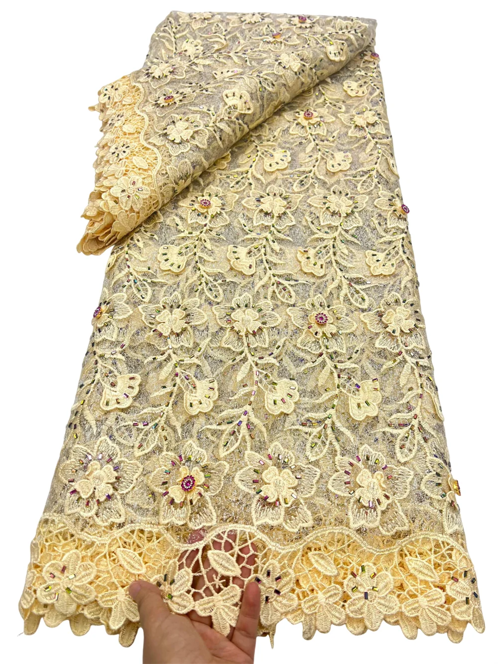 3D Applique African Gold Guipure Stones Cord Lace Fabric 2026 High Quality Nigeria Water Soluble Lace For Women Evening Dresses
3D Applique African Gold Guipure Stones Cord Lace Fabric 2026 High Quality Nigeria Water Soluble Lace For Women Evening Dresses