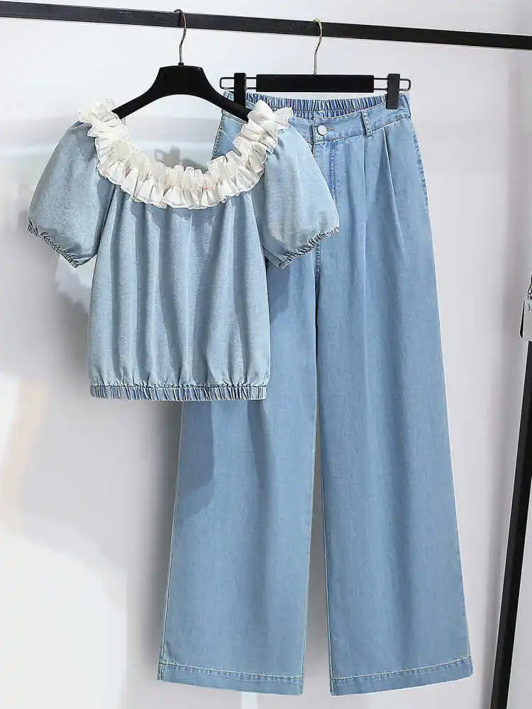 Summer Women Denim 2 Pieces Set Lace slash neck Top Wide Leg Jeans Suit Fashion Female Blue Off shoulder Shirt Trousers Sets
Summer Women Denim 2 Pieces Set Lace slash neck Top Wide Leg Jeans Suit Fashion Female Blue Off shoulder Shirt Trousers Sets