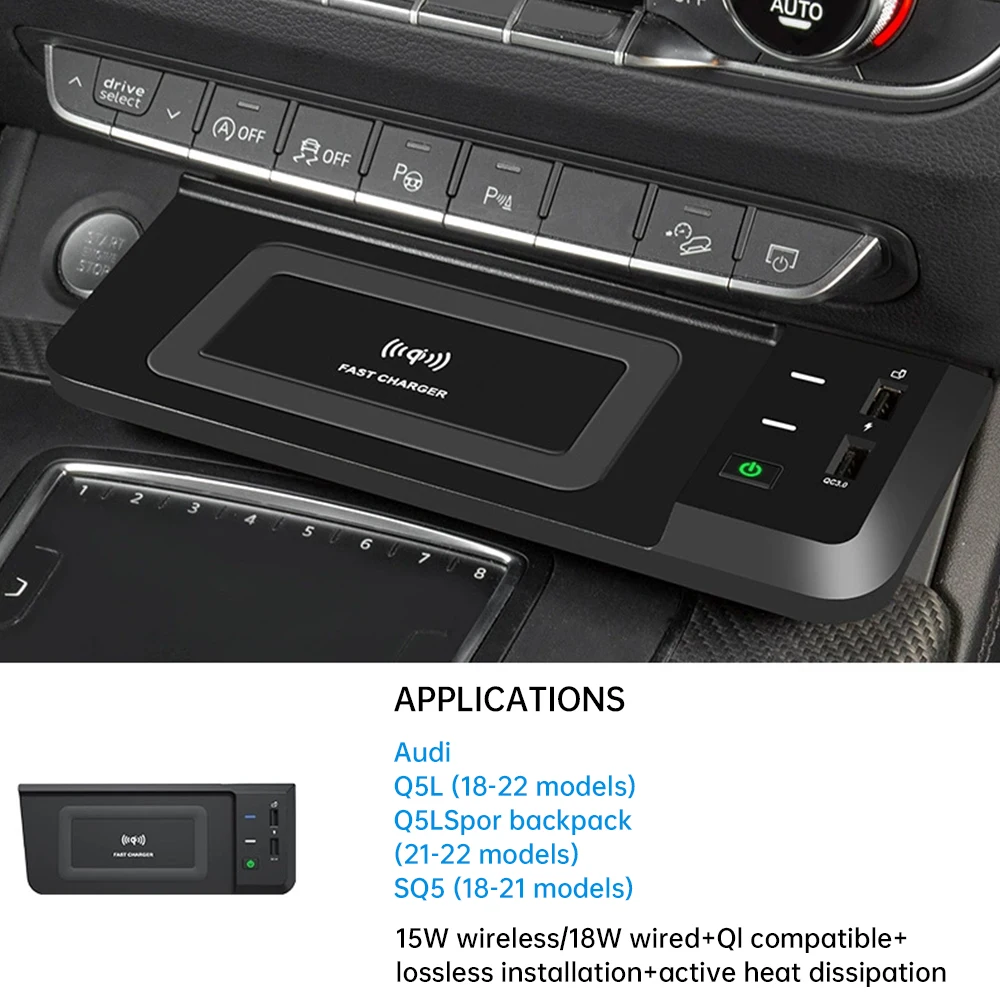 15W Wireless Car Charger for Audi Q5L 2018-2023 LHD Fast Charging Pad with ABS+PC Material Center Console Phone Charging Panel
15W Wireless Car Charger for Audi Q5L 2018-2023 LHD Fast Charging Pad with ABS+PC Material Center Console Phone Charging Panel