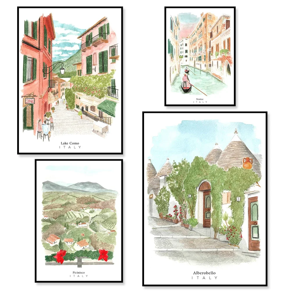 Watercolor travel poster with Alberobello, Puglia, mountain top Rio Nemonti, Lake Como, Venice, Rialto bridge, gondola, Italy
Watercolor travel poster with Alberobello, Puglia, mountain top Rio Nemonti, Lake Como, Venice, Rialto bridge, gondola, Italy